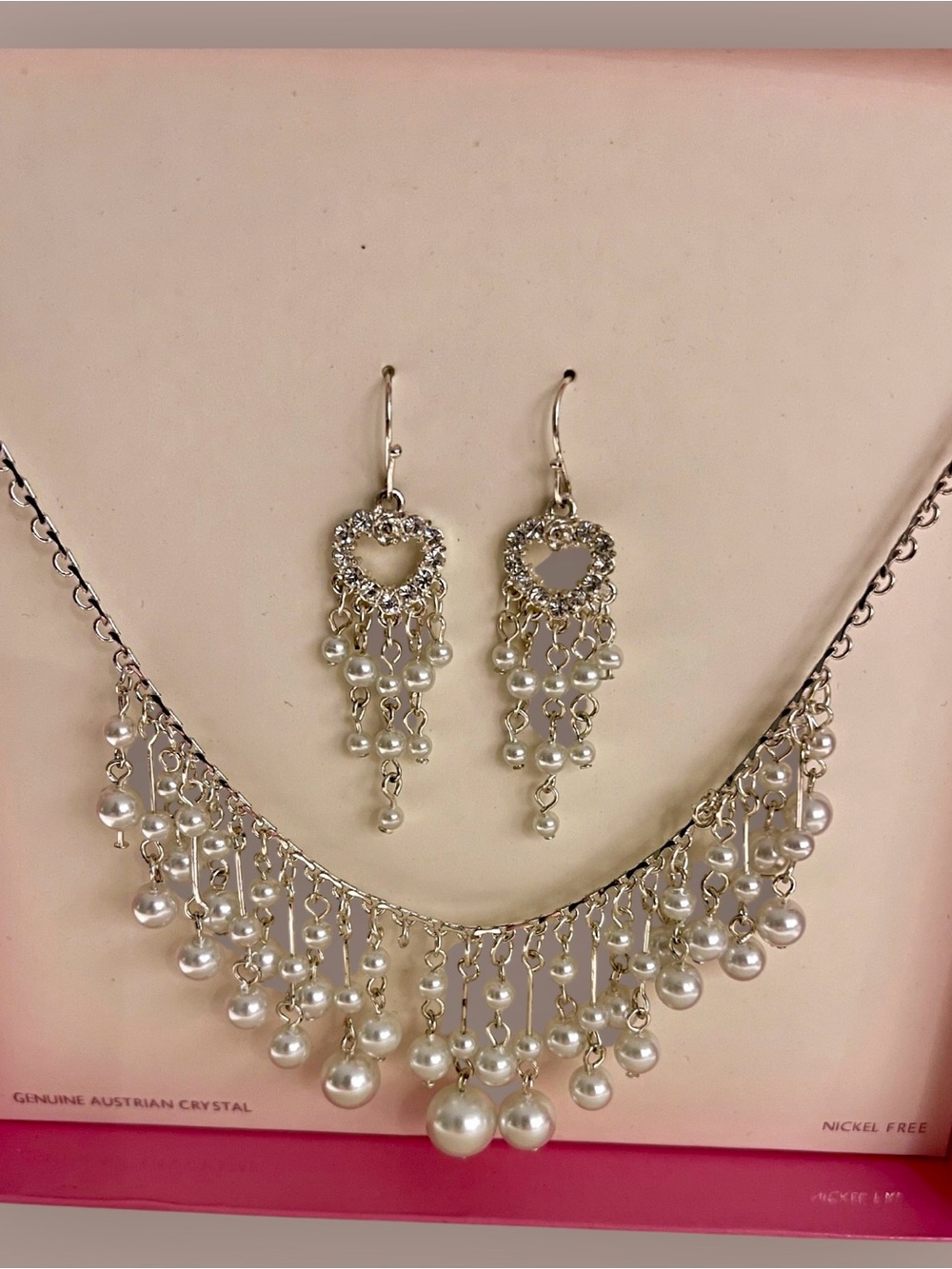 Pearl Drop Chandelier Necklace & Earrings Set - Silver - Nickel-Free